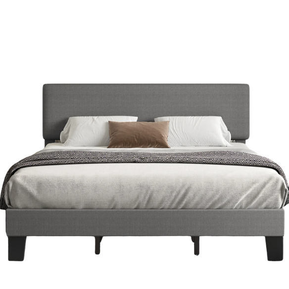 Light grey upholstered king-size platform bed with adjustable headboard, foam padding, and underbed storage clearance for modern bedrooms

