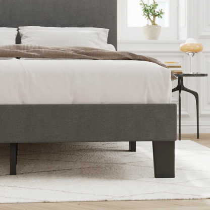 Light grey upholstered king-size platform bed with adjustable headboard, foam padding, and underbed storage clearance for modern bedrooms


