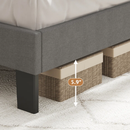 Light grey upholstered king-size platform bed with adjustable headboard, foam padding, and underbed storage clearance for modern bedrooms

