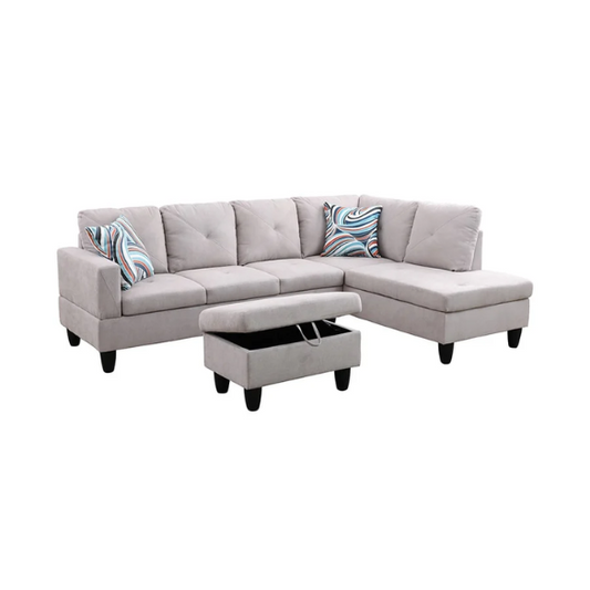 Light grey L-shaped sectional sofa with right-facing chaise and ottoman, microfiber upholstery and light gray wooden legs