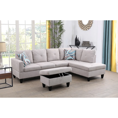 Light grey L-shaped sectional sofa with right-facing chaise and ottoman, microfiber upholstery and light gray wooden legs