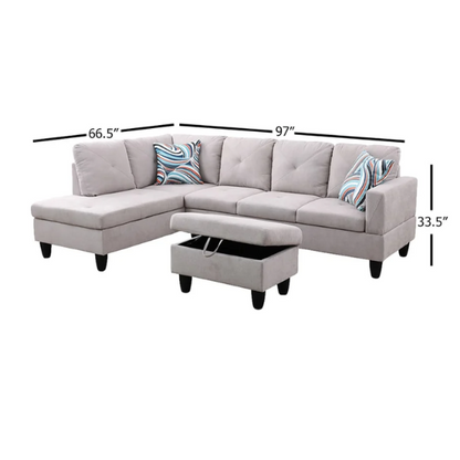 Light grey L-shaped sectional sofa with right-facing chaise and ottoman, microfiber upholstery and light gray wooden legs