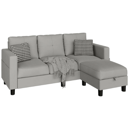 Compact light grey L-shaped sectional sofa with storage ottoman, firm cushions, and stain-resistant fabric, perfect for small spaces.


