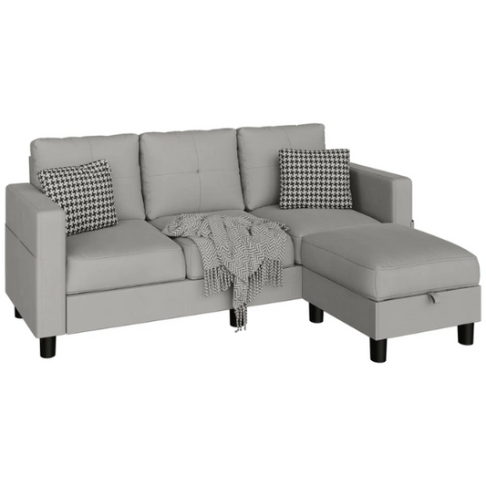 Compact light grey L-shaped sectional sofa with storage ottoman, firm cushions, and stain-resistant fabric, perfect for small spaces.

