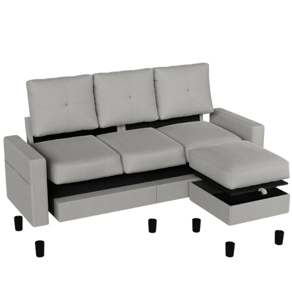 Compact light grey L-shaped sectional sofa with storage ottoman, firm cushions, and stain-resistant fabric, perfect for small spaces.

