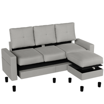 Compact light grey L-shaped sectional sofa with storage ottoman, firm cushions, and stain-resistant fabric, perfect for small spaces.

