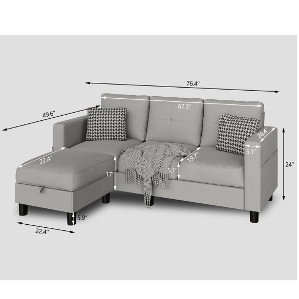 Compact light grey L-shaped sectional sofa with storage ottoman, firm cushions, and stain-resistant fabric, perfect for small spaces.

