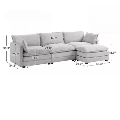 Light grey modular three-seater corduroy sectional sofa with movable ottoman, modern L-shaped couch for living room with soft cushions and sturdy wood-metal frame.