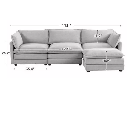 Light grey modular three-seater corduroy sectional sofa with movable ottoman, modern L-shaped couch for living room with soft cushions and sturdy wood-metal frame.