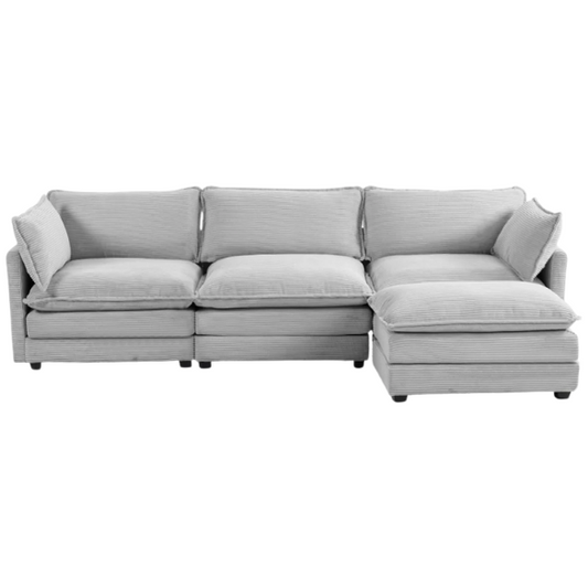 Light grey modular three-seater corduroy sectional sofa with movable ottoman, modern L-shaped couch for living room with soft cushions and sturdy wood-metal frame.