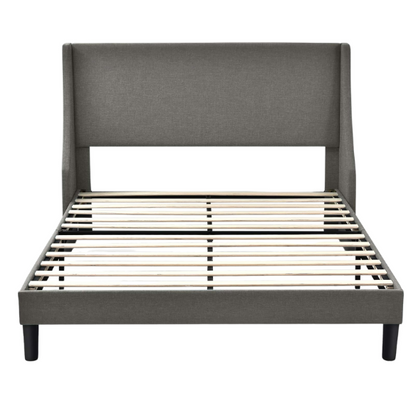 Light grey linen upholstered queen platform bed with wingback headboard, tapered black legs, and slatted support – no box spring needed

