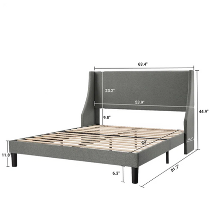 Light grey linen upholstered queen platform bed with wingback headboard, tapered black legs, and slatted support – no box spring needed

