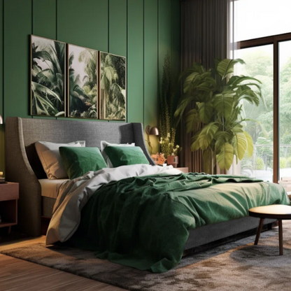 Light grey linen upholstered queen platform bed with wingback headboard, tapered black legs, and slatted support – no box spring needed

