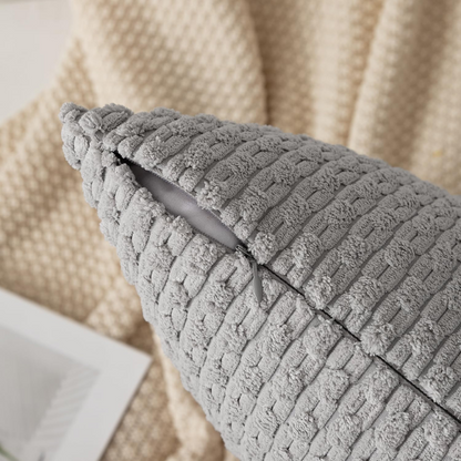 Light Grey Striped Corduroy Throw Pillow Cover – Modern & Boho Style, 100% Polyester, Zipper Closure, Machine Washable, Available in Multiple Sizes.