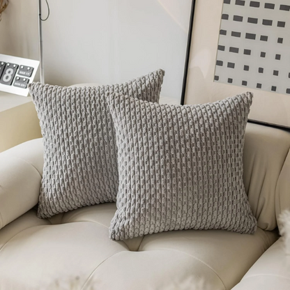 Light Grey Striped Corduroy Throw Pillow Cover – Modern & Boho Style, 100% Polyester, Zipper Closure, Machine Washable, Available in Multiple Sizes.