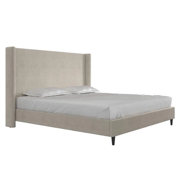 Light grey upholstered king platform bed with tall wingback headboard in soft woven fabric, no box spring required