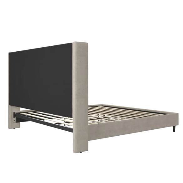 Light grey upholstered king platform bed with tall wingback headboard in soft woven fabric, no box spring required