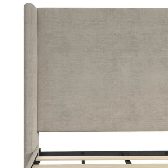 Light grey upholstered king platform bed with tall wingback headboard in soft woven fabric, no box spring required