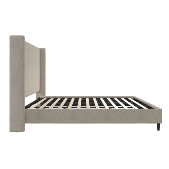 Light grey upholstered king platform bed with tall wingback headboard in soft woven fabric, no box spring required