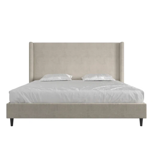 Light grey upholstered king platform bed with tall wingback headboard in soft woven fabric, no box spring required