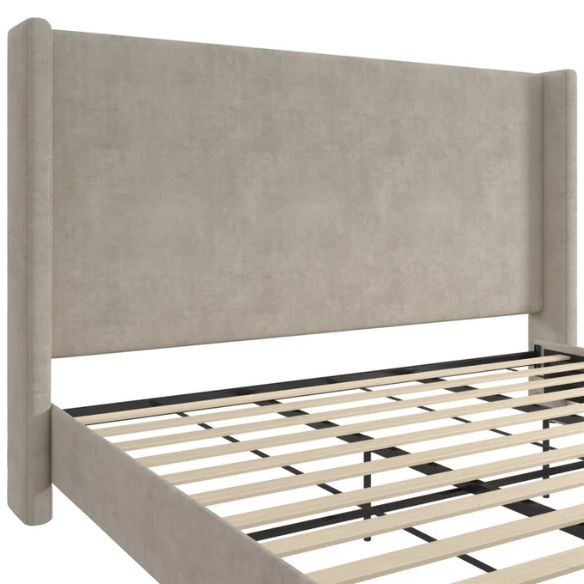 Light grey upholstered king platform bed with tall wingback headboard in soft woven fabric, no box spring required