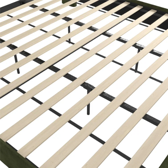 Light grey upholstered king platform bed with tall wingback headboard in soft woven fabric, no box spring required