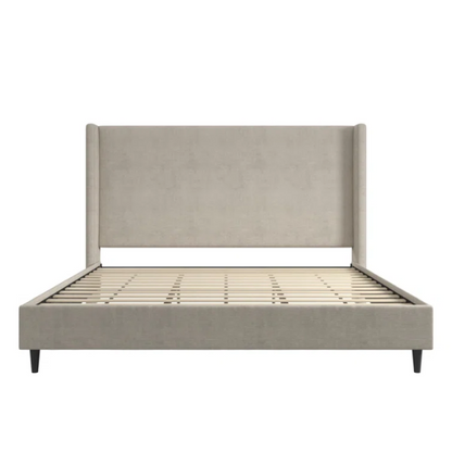 Light grey upholstered king platform bed with tall wingback headboard in soft woven fabric, no box spring required