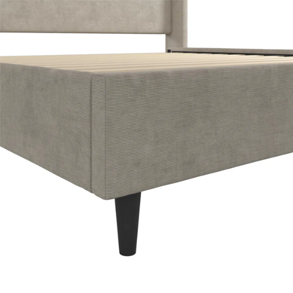 Light grey upholstered king platform bed with tall wingback headboard in soft woven fabric, no box spring required