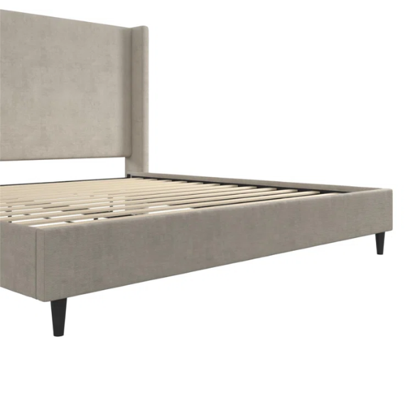 Light grey upholstered king platform bed with tall wingback headboard in soft woven fabric, no box spring required
