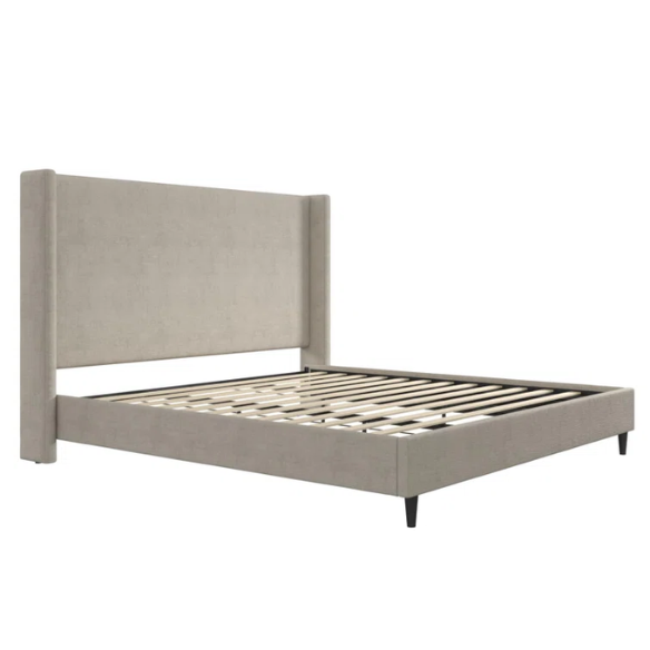 Light grey upholstered king platform bed with tall wingback headboard in soft woven fabric, no box spring required