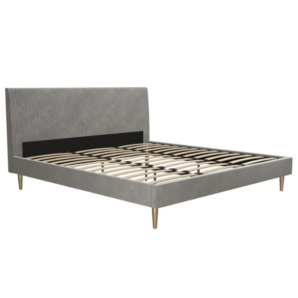 Light grey velvet king-size platform bed with upholstered headboard and wood slats, modern design, no box spring required.

