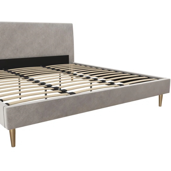 Light grey velvet king-size platform bed with upholstered headboard and wood slats, modern design, no box spring required.

