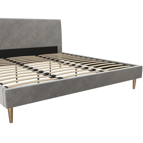 Light grey velvet king-size platform bed with upholstered headboard and wood slats, modern design, no box spring required.

