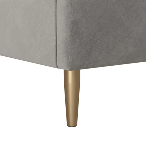 Light grey velvet king-size platform bed with upholstered headboard and wood slats, modern design, no box spring required.

