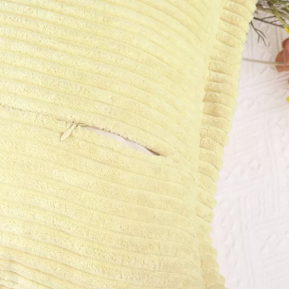 Light maize yellow corduroy pillow cover with geometric striped pattern, 45x45 cm, modern and eco-friendly throw pillow for sofa, bedroom, office, and outdoor use.