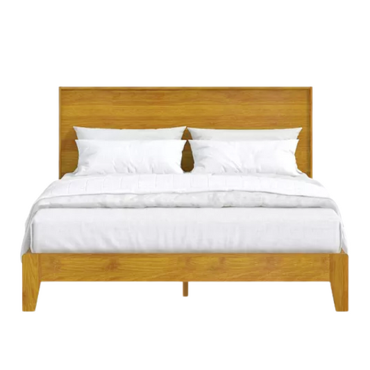 Light natural wood queen platform bed with slatted base and rectangular headboard, made from solid pine with metal center support legs