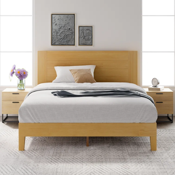Light natural wood queen platform bed with slatted base and rectangular headboard, made from solid pine with metal center support legs