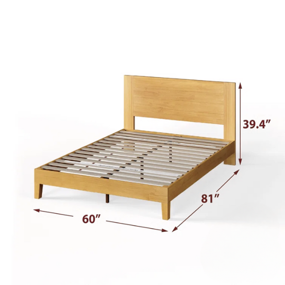 Light natural wood queen platform bed with slatted base and rectangular headboard, made from solid pine with metal center support legs