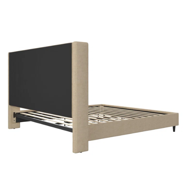 Light tan canvas upholstered king platform bed with tall wingback headboard, no box spring required