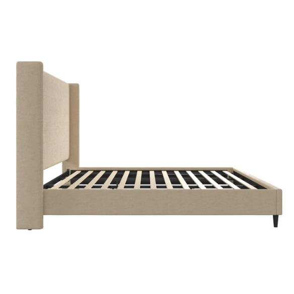 Light tan canvas upholstered king platform bed with tall wingback headboard, no box spring required