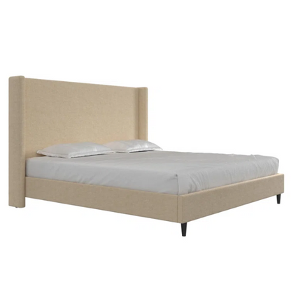 Light tan canvas upholstered king platform bed with tall wingback headboard, no box spring required