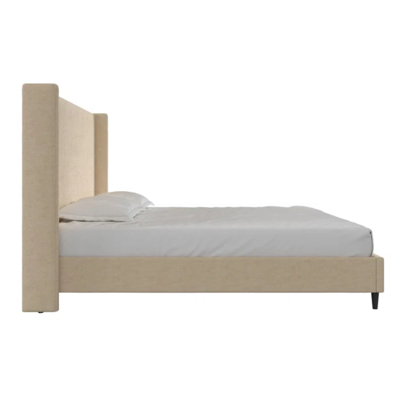 Light tan canvas upholstered king platform bed with tall wingback headboard, no box spring required