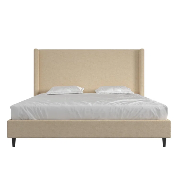 Light tan canvas upholstered king platform bed with tall wingback headboard, no box spring required