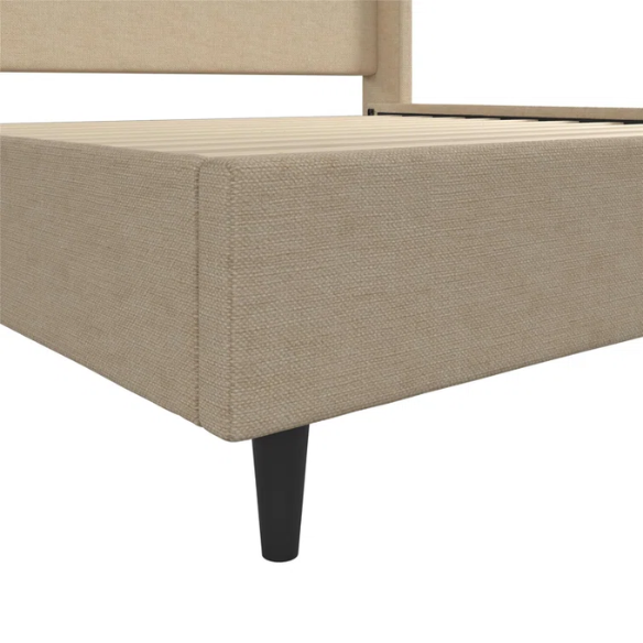 Light tan canvas upholstered king platform bed with tall wingback headboard, no box spring required
