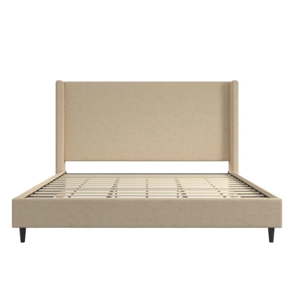 Light tan canvas upholstered king platform bed with tall wingback headboard, no box spring required
