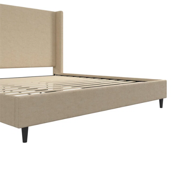 Light tan canvas upholstered king platform bed with tall wingback headboard, no box spring required