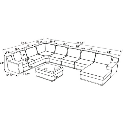 Spacious light taupe U-shaped sectional sofa with reversible configuration, removable cushions, nailhead trim, and matching ottoman—seats up to 8.

