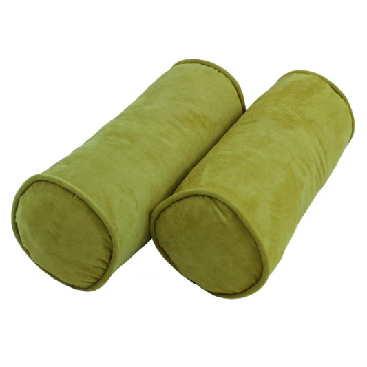 Set of 2 lime green bolster throw pillows with soft microsuede covers, corded edges, and plush polyester fill, perfect for adding bold color and comfort to modern décor.

