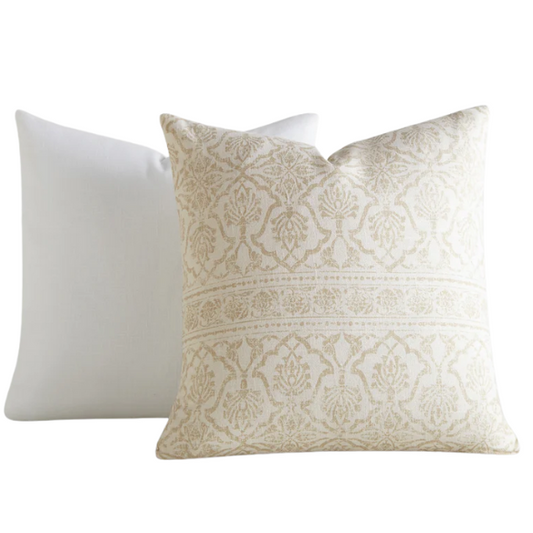 Set of 2 luxurious beige and cream throw pillows with a soft floral pattern, made of 100% cotton slub with removable covers and invisible zippers, perfect for neutral and vintage-inspired interiors.