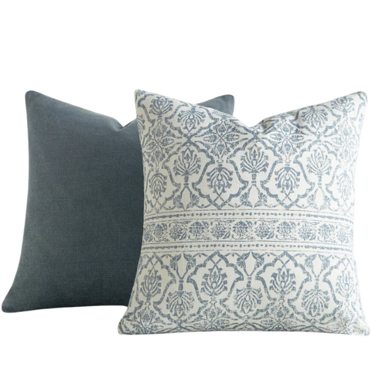 Set of 2 luxurious blue and cream throw pillows with floral pattern, 100% cotton slub covers, removable with invisible zipper closure, ideal for modern and vintage-inspired home décor.